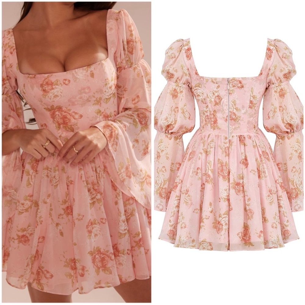 House of CB SANCIA English Vintage Rose Print Puff Sleeve Mini Dress NWOT - Picture 3 of 12
